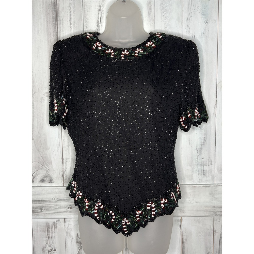 Vintage Laurence Kazar Women's Silk Black Candy Cane Christmas Beaded‎ Top XL